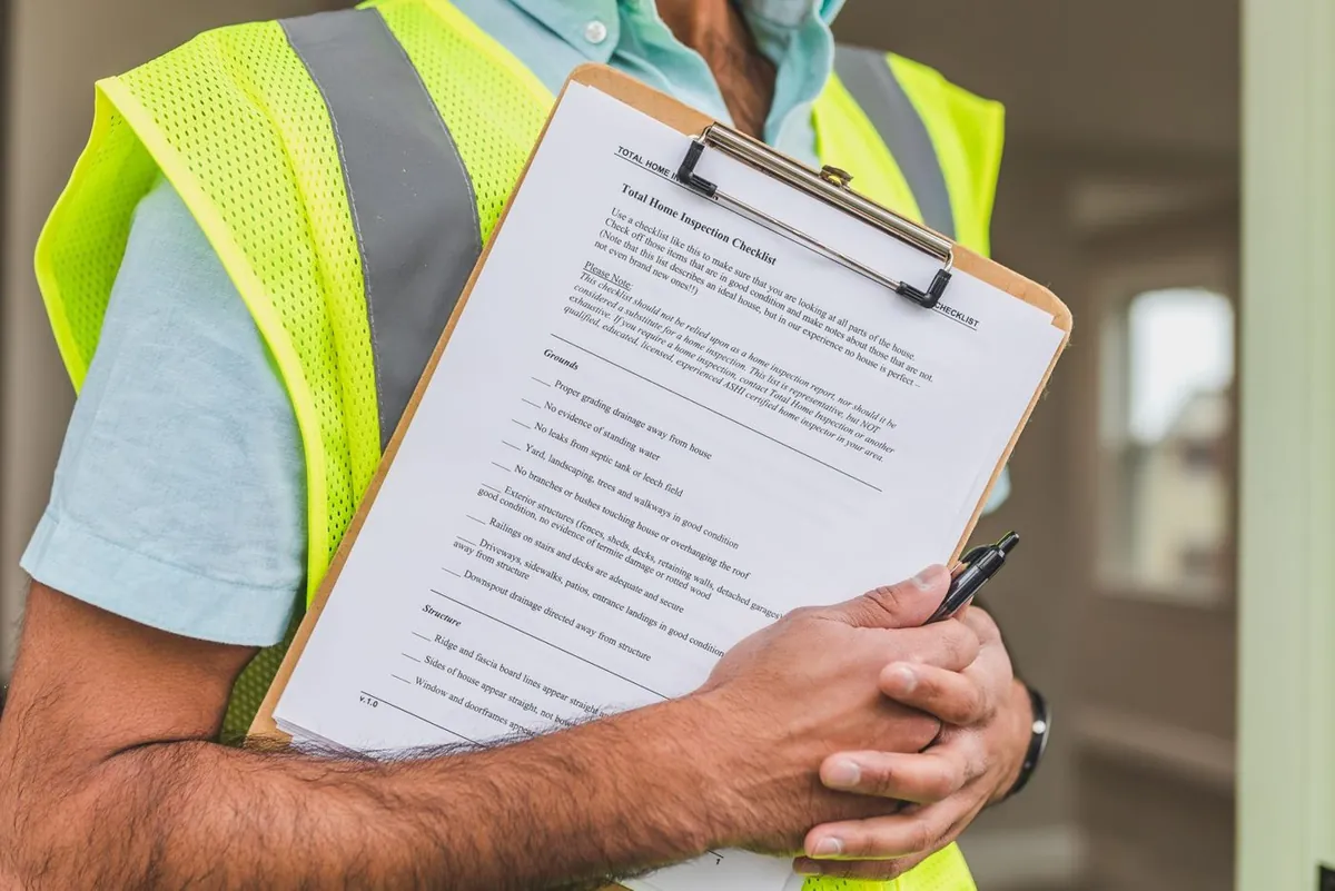 Service technician in a safety vest holding a checklist after septic pumping in Bucks County, PA