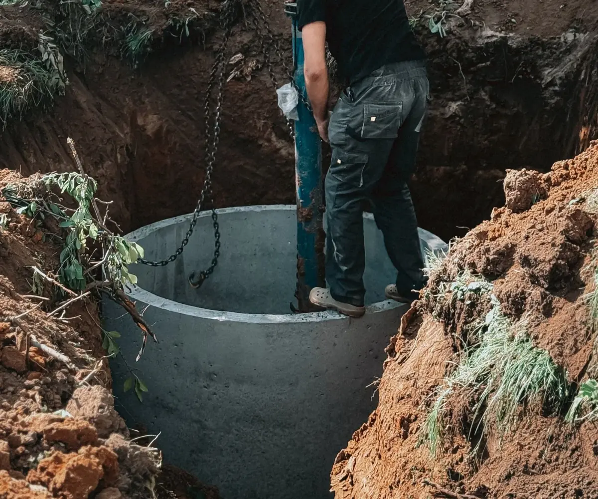 Technician standing in an excavated yard setting a concrete septic tank section